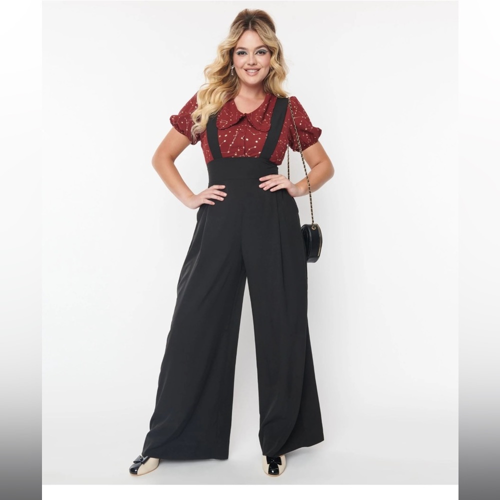 Unique Vintage Black Wide Leg Rochelle Suspender Pants